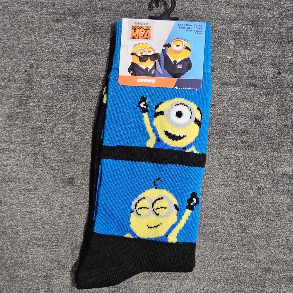Illumination Despicable Me 4 Minions Blue Crew Socks Mens Size 10-13 New NWT
